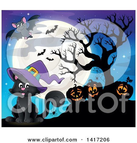 Clipart of a Halloween Witch Cat with Jackolanterns and Bats Against a Full Moon - Royalty Free Vector Illustration by visekart