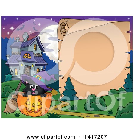Clipart of a Halloween Witch Cat in a Jackolantern Next to a Scroll Sign and Haunted House - Royalty Free Vector Illustration by visekart