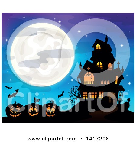 Clipart of a Haunted House with Bats and Halloween Jackolantern Pumpkins Against a Full Moon - Royalty Free Vector Illustration by visekart