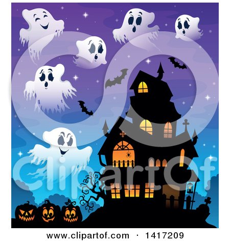 Clipart of a Haunted House with Bats, Ghosts and Halloween Jackolantern Pumpkins - Royalty Free Vector Illustration by visekart