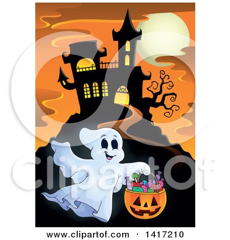 Clipart of a Haunted Castle with a Trick or Treating Ghost - Royalty Free Vector Illustration by visekart