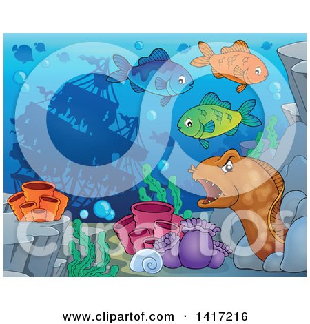 Clipart of a Sunken Ship near a Reef with Fish and an Eel - Royalty Free Vector Illustration by visekart