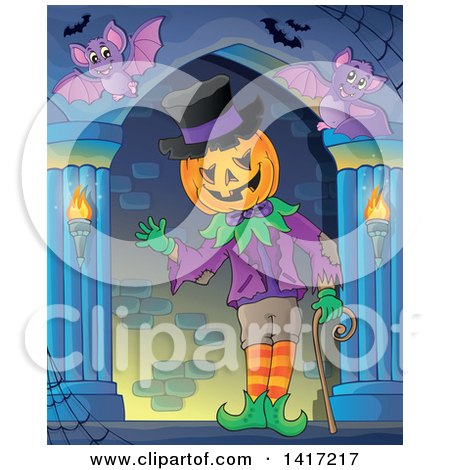 Clipart of a Halloween Pumpkin Headed Jack Man Waving in a Hallway - Royalty Free Vector Illustration by visekart