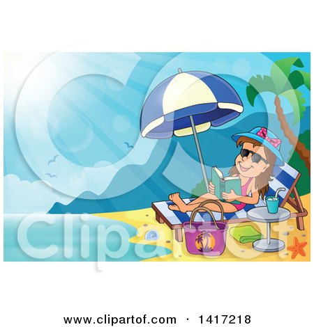 Clipart of a Happy Girl Reading a Book and Sun Bathing on a Beach - Royalty Free Vector Illustration by visekart