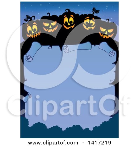 Clipart of a Border of Halloween Jackolantern Pumpkins over a Blank Scroll - Royalty Free Vector Illustration by visekart