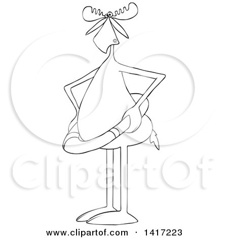 Clipart of a Cartoon Black and White Lineart Moose Wearing a Life Saver - Royalty Free Vector Illustration by djart