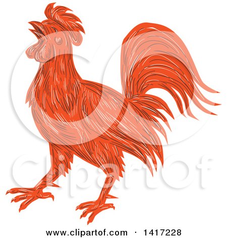 Clipart of a Sketched Red Rooster Crowing - Royalty Free Vector Illustration by patrimonio