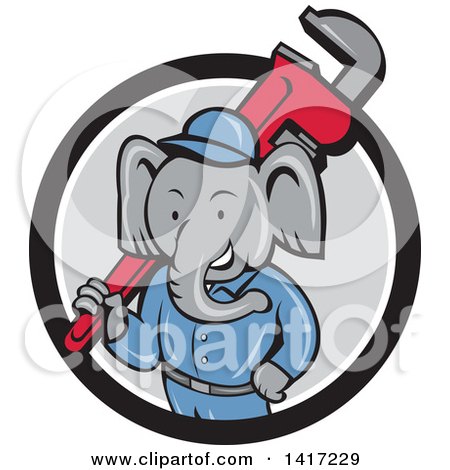 Clipart of a Retro Cartoon Elephant Man Plumber Holding a Giant Monkey Wrench, Emerging from a Black White and Gray Circle - Royalty Free Vector Illustration by patrimonio