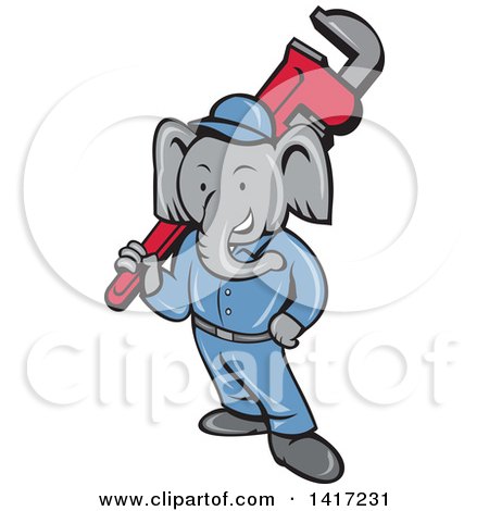 Clipart of a Retro Cartoon Elephant Man Plumber Holding a Giant Monkey Wrench - Royalty Free Vector Illustration by patrimonio