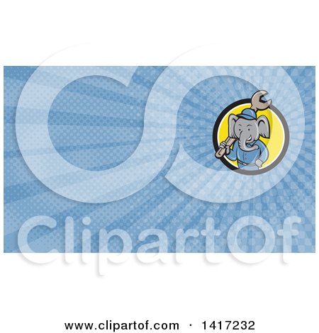 Clipart of a Retro Cartoon Elephant Man Mechanic Holding a Giant Spanner Wrench and Blue Rays Background or Business Card Design - Royalty Free Illustration by patrimonio