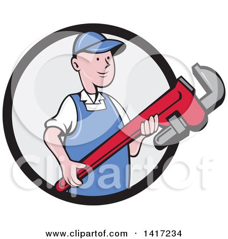 Clipart of a Retro Cartoon White Male Plumber or Handy Man Holding a Giant Monkey Wrench, Emerging from a Black and Gray Circle - Royalty Free Vector Illustration by patrimonio
