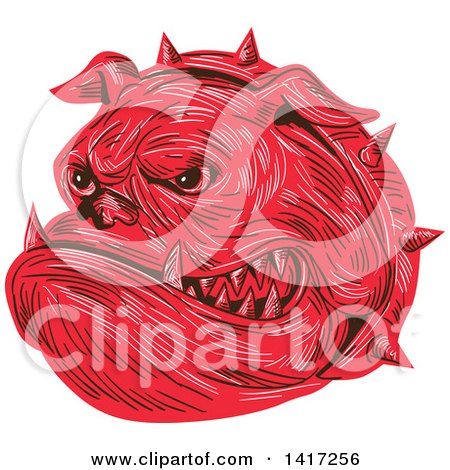 Clipart of a Sketched Red Bulldog Head with a Spiked Collar - Royalty Free Vector Illustration by patrimonio