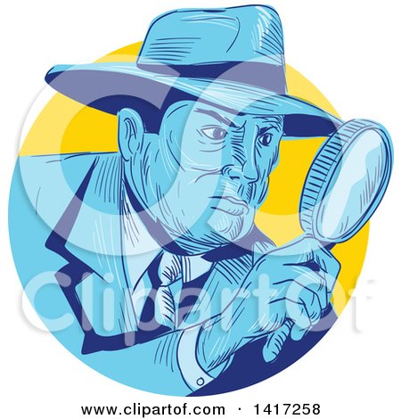 Clipart of a Sketched Male Detective Looking Through a Magnifying Glass - Royalty Free Vector Illustration by patrimonio