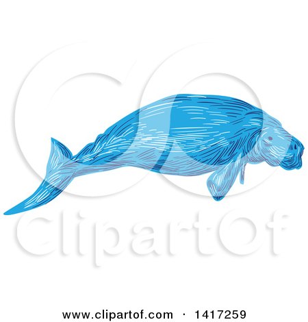 Clipart of a Sketched Blue Dugong - Royalty Free Vector Illustration by patrimonio