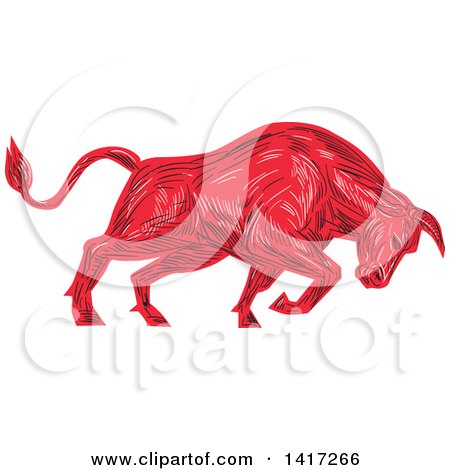 Clipart of a Sketched Angry Red Bull Charging - Royalty Free Vector Illustration by patrimonio