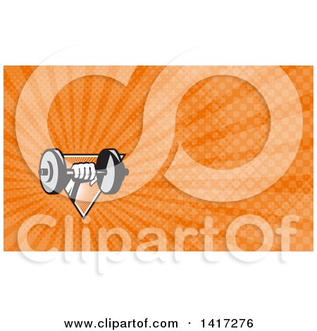 Clipart of a Retro Bodybuilder's Hand Holding a Dumbbell and Orange Rays Background or Business Card Design - Royalty Free Illustration by patrimonio