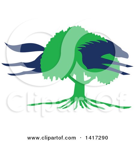Clipart of a Blue Silhouetted Horse Leaping Through a Green Oak Tree - Royalty Free Vector Illustration by patrimonio