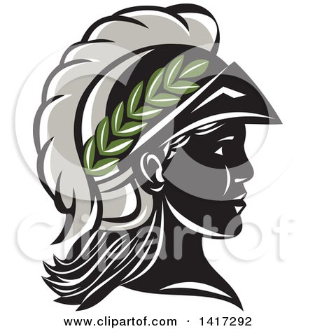 Clipart of a Profile Portrait of the Roman Goddess of Wisdom, Minerva or Menrva, Wearing a Helmet and Laurel Crown - Royalty Free Vector Illustration by patrimonio
