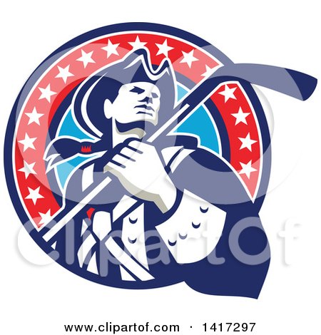 Clipart of a Retro American Revolutionary Patriot Soldier Holding a Hockey Stick in a Circle - Royalty Free Vector Illustration by patrimonio