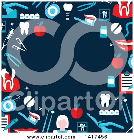 Clipart of a Border Frame of Dental Icons over Blue - Royalty Free Vector Illustration by Vector Tradition SM