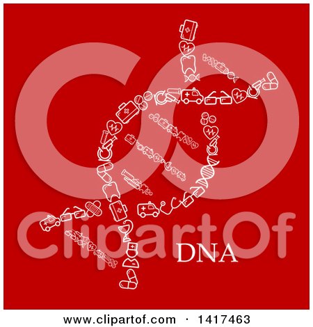 Clipart of a Dna Strand Made of Medical Icons on Red - Royalty Free Vector Illustration by Vector Tradition SM