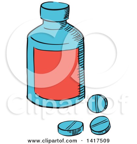 Clipart of a Sketched Bottle and Pills - Royalty Free Vector Illustration by Vector Tradition SM