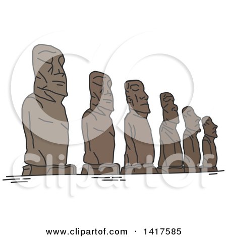 Clipart of a Sketched Landmark, Statues of Easter Island Moai Statues - Royalty Free Vector Illustration by Vector Tradition SM