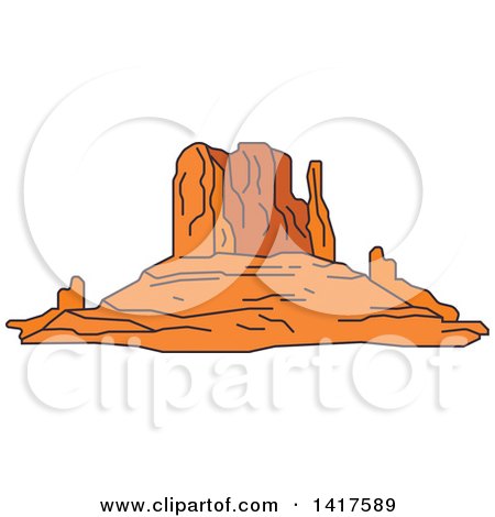 Clipart of a Sketched American Landmark, West Mitten Butte, Monument Valley - Royalty Free Vector Illustration by Vector Tradition SM