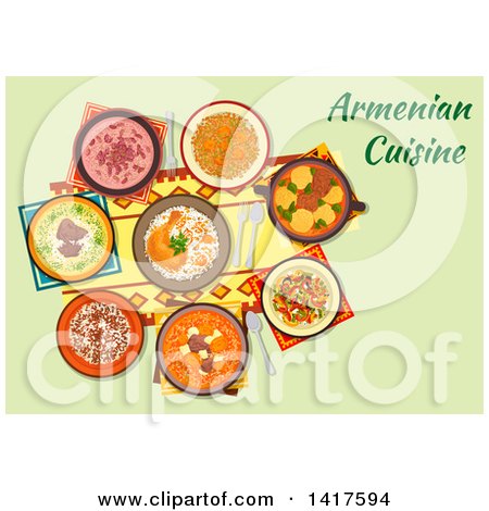 Clipart of a Table with Armenian Cuisine and Text - Royalty Free Vector Illustration by Vector Tradition SM