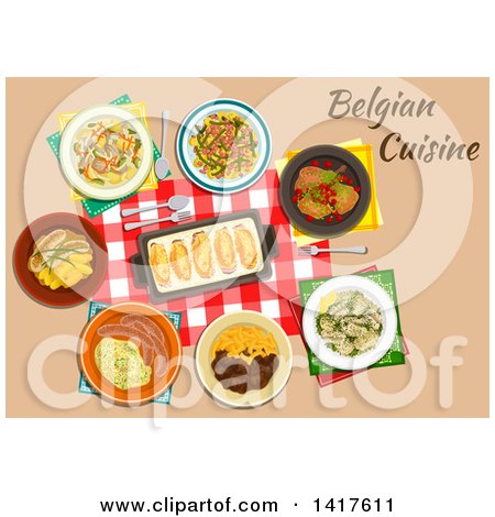 Clipart of a Table with Belgian Cuisine and Text - Royalty Free Vector Illustration by Vector Tradition SM
