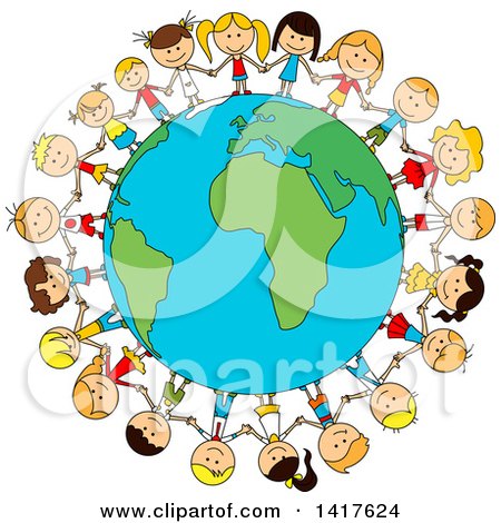 Clipart of a Sketched Globe with Children Holding Hands Around It - Royalty Free Vector Illustration by Vector Tradition SM