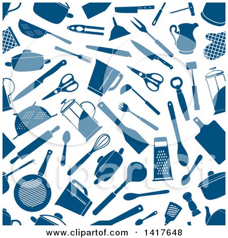 Clipart of a Seamless Background Pattern of Blue Kitchen Accessories - Royalty Free Vector Illustration by Vector Tradition SM