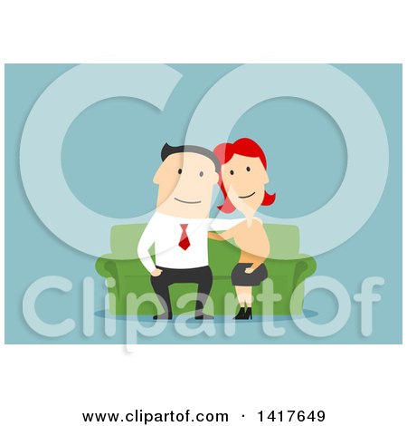 Clipart of a Flat Design Happy Couple on a Couch, over Blue - Royalty Free Vector Illustration by Vector Tradition SM