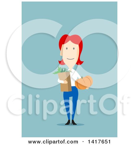 Clipart of a Flat Design Woman Holding Groceries, on Blue - Royalty Free Vector Illustration by Vector Tradition SM