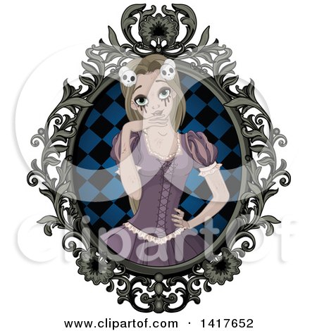 Clipart of a Halloween Zombie Rapunzel Princess in an Ornate Frame - Royalty Free Vector Illustration by Pushkin