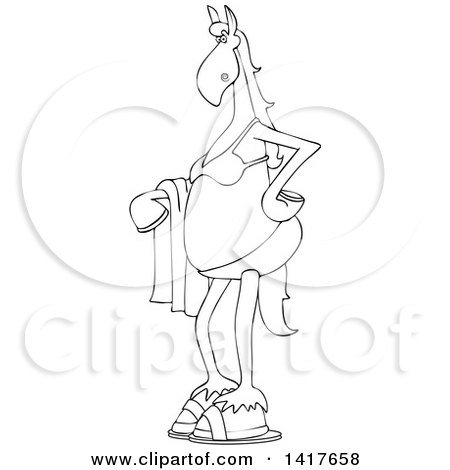 Clipart of a Cartoon Black and White Lineart Horse Wearing a Bikini and Holding a Towel - Royalty Free Vector Illustration by djart