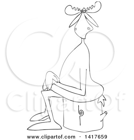 Clipart of a Cartoon Black and White Lineart Moose Sitting Cross Legged on a Log - Royalty Free Vector Illustration by djart