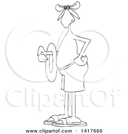 Clipart of a Cartoon Black and White Lineart Moose in Swimming Trunks and Sandals, Holding an Inner Tube - Royalty Free Vector Illustration by djart