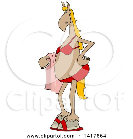 Clipart of a Cartoon Beige Horse Wearing a Bikini and Holding a Towel - Royalty Free Vector Illustration by djart