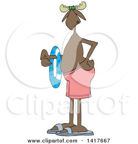 Clipart of a Cartoon Moose in Swimming Trunks and Sandals, Holding an Inner Tube - Royalty Free Vector Illustration by djart