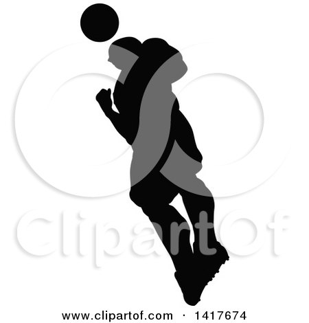 Clipart of a Black Silhouetted Male Soccer Player in Action - Royalty Free Vector Illustration by AtStockIllustration