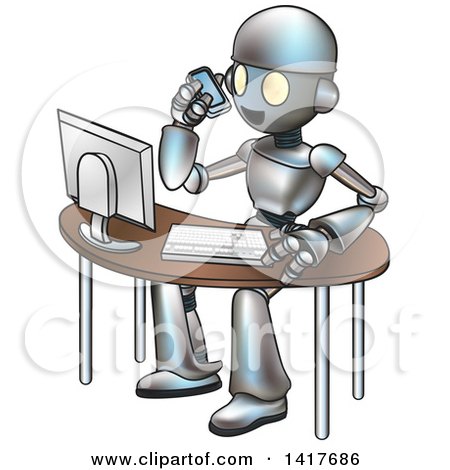 Clipart of a Cartoon Robot Talking on a Cell Phone and Working at a Computer Desk - Royalty Free Vector Illustration by AtStockIllustration