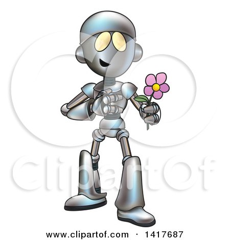 Clipart of a Cartoon Romantic Robot Giving a Flower - Royalty Free Vector Illustration by AtStockIllustration