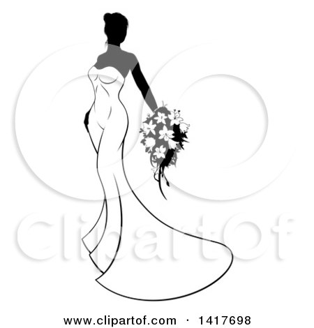 Clipart of a Silhouetted Black and White Bride in Her Gown - Royalty Free Vector Illustration by AtStockIllustration