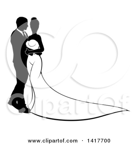 Clipart of a Silhouetted Black and White Posing Bride and Groom - Royalty Free Vector Illustration by AtStockIllustration