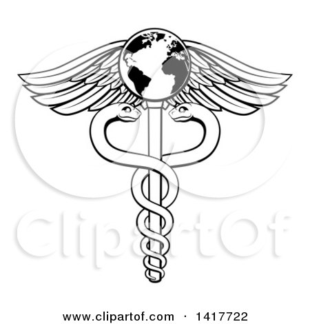 Clipart of a Black and White Lineart Medical Caduceus with Snakes on a Winged Globe Rod - Royalty Free Vector Illustration by AtStockIllustration