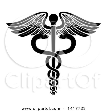 Clipart of a Black and White Medical Caduceus with Snakes on a Winged Rod - Royalty Free Vector Illustration by AtStockIllustration