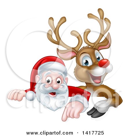 Clipart of a Cartoon Christmas Red Nosed Reindeer and Santa Pointing down Above a Sign - Royalty Free Vector Illustration by AtStockIllustration