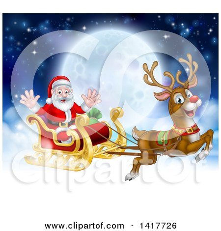 Clipart of a Flying Magic Christmas Red Nosed Reindeer, Rudolph, Flying Santa in a Sleigh Above the Clouds Against a Full Moon - Royalty Free Vector Illustration by AtStockIllustration