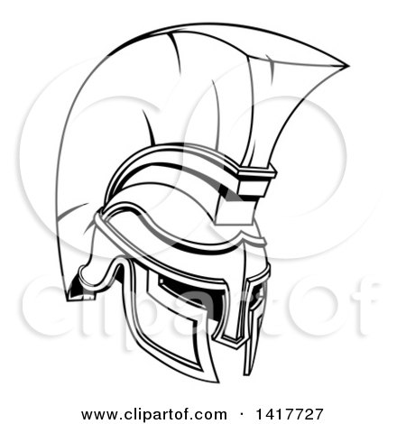 Clipart of a Black and White Lineart Spartan or Trojan Helmet - Royalty Free Vector Illustration by AtStockIllustration